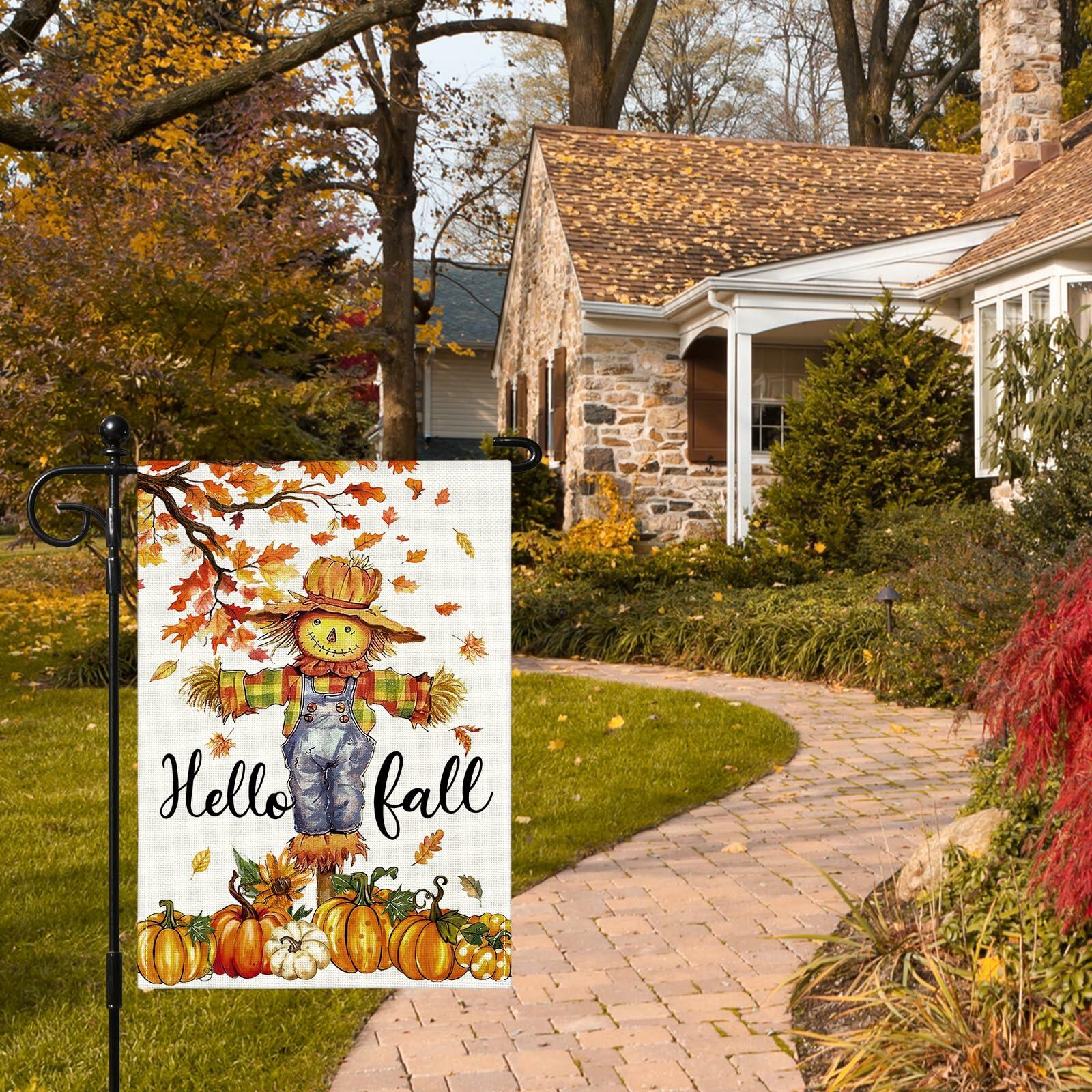 Artscope Fall Maple Leaves Scarecrow Pumpkin Garden Flag 12x18 Inch Polyester