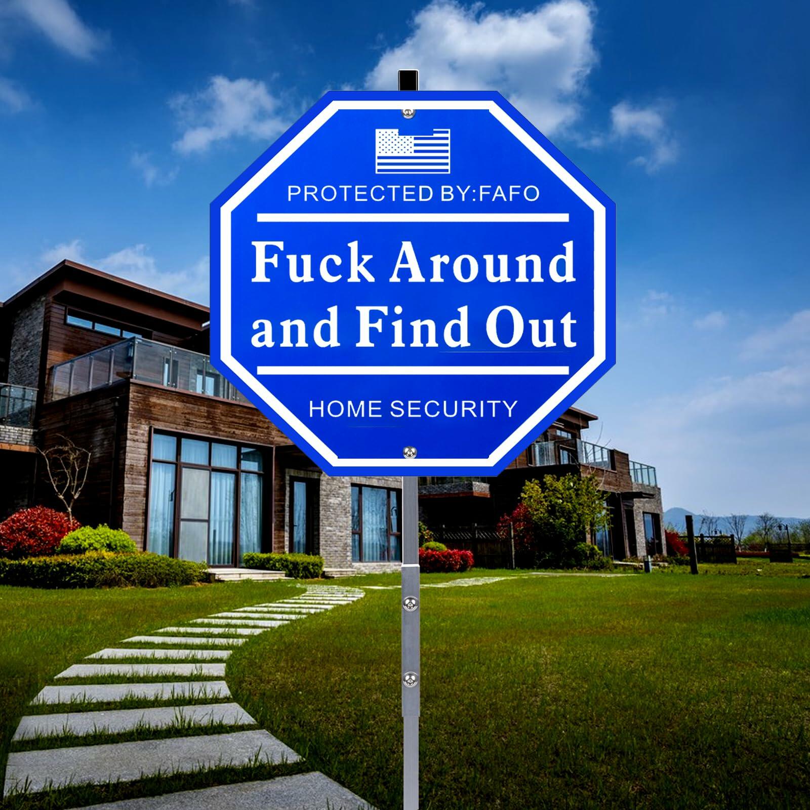 Shawgge FAFO Security Yard Sign with Stake Blue Metal Property Decor