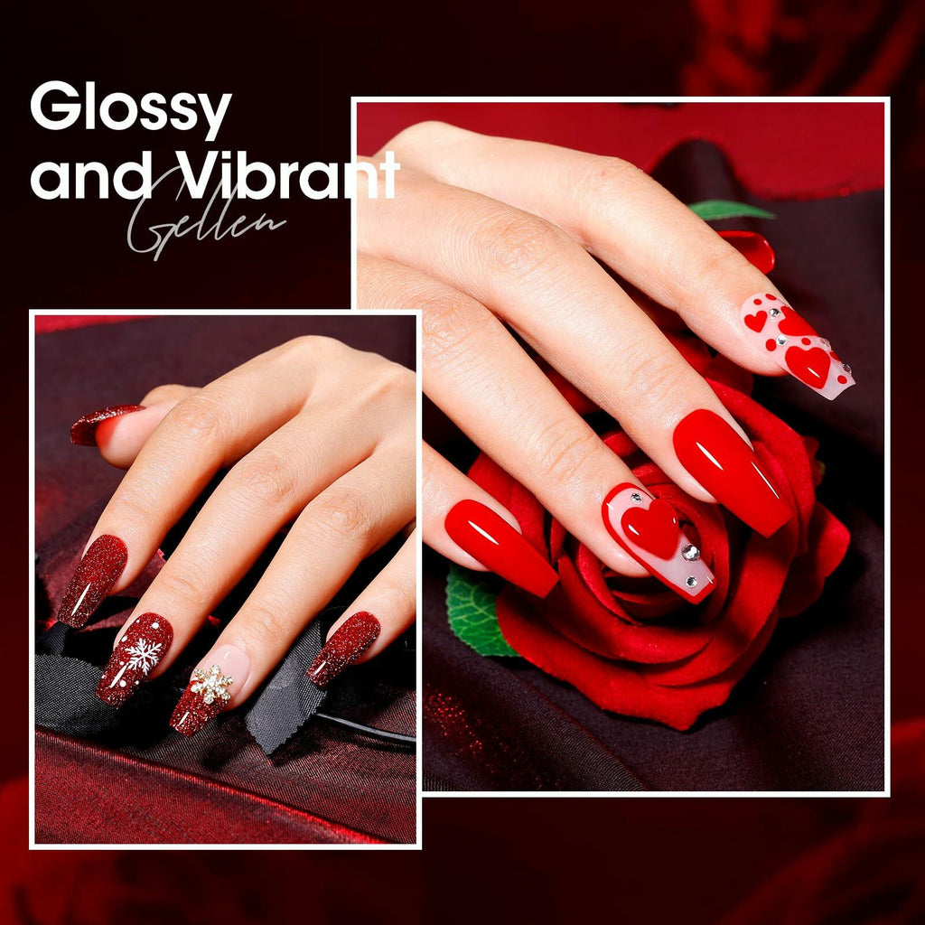 GELLEN Gel Nail Polish Set 6 Colors Burgundy Red Glitter Crimson Celebration