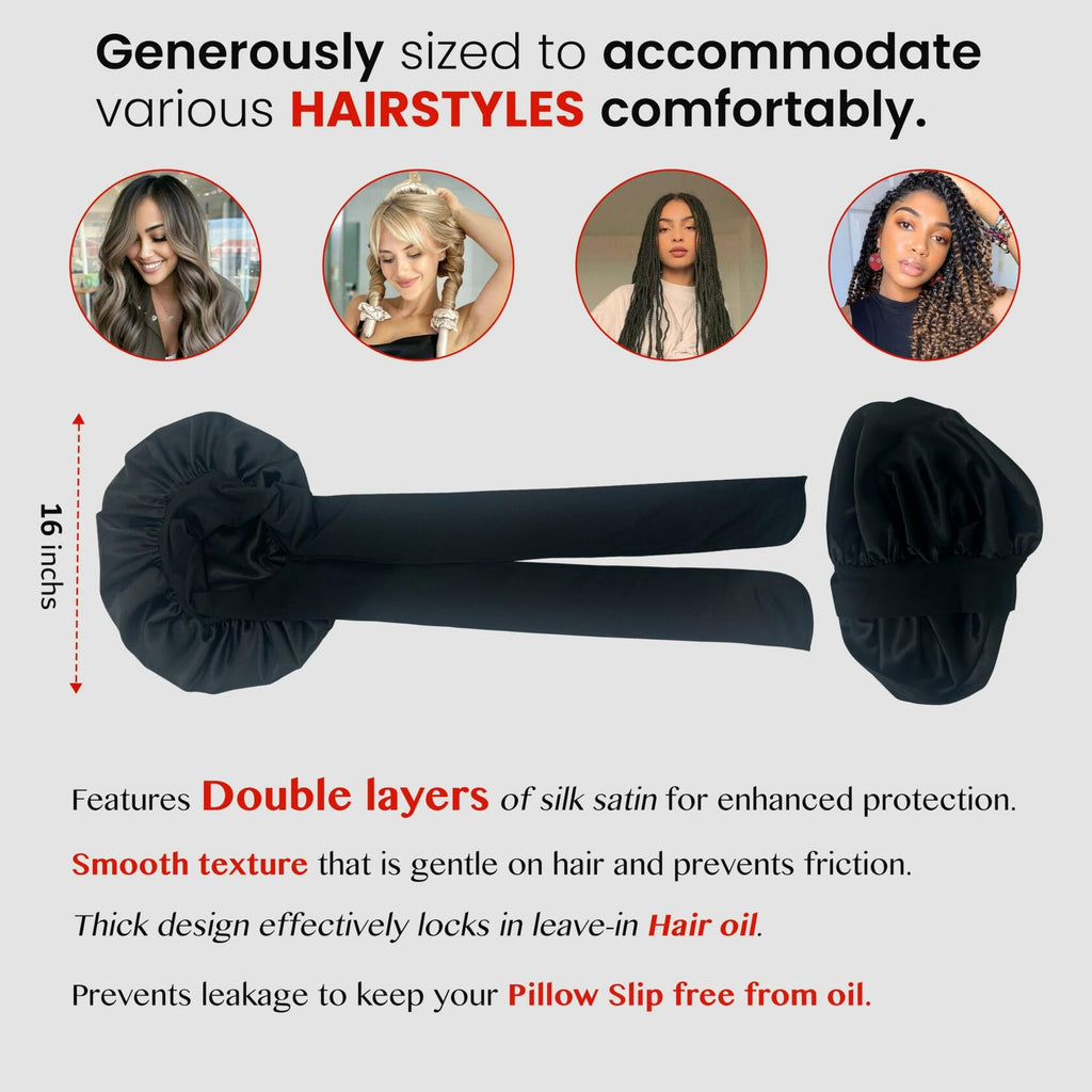 LuxeTress Black Satin Hair Bonnet Double-Layered Adjustable Black