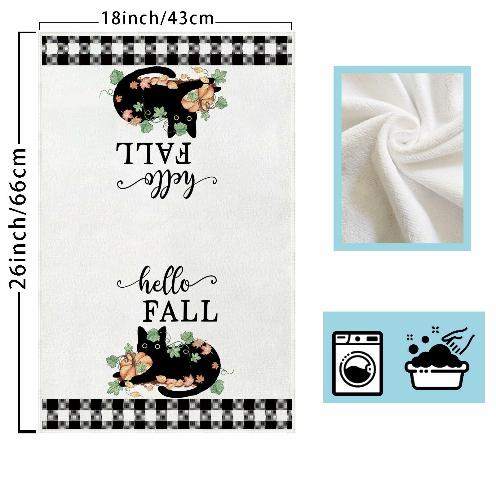 XCHI Fall Black Cat Pumpkin Plaid Kitchen Towels 18x26 Inch Set of 2