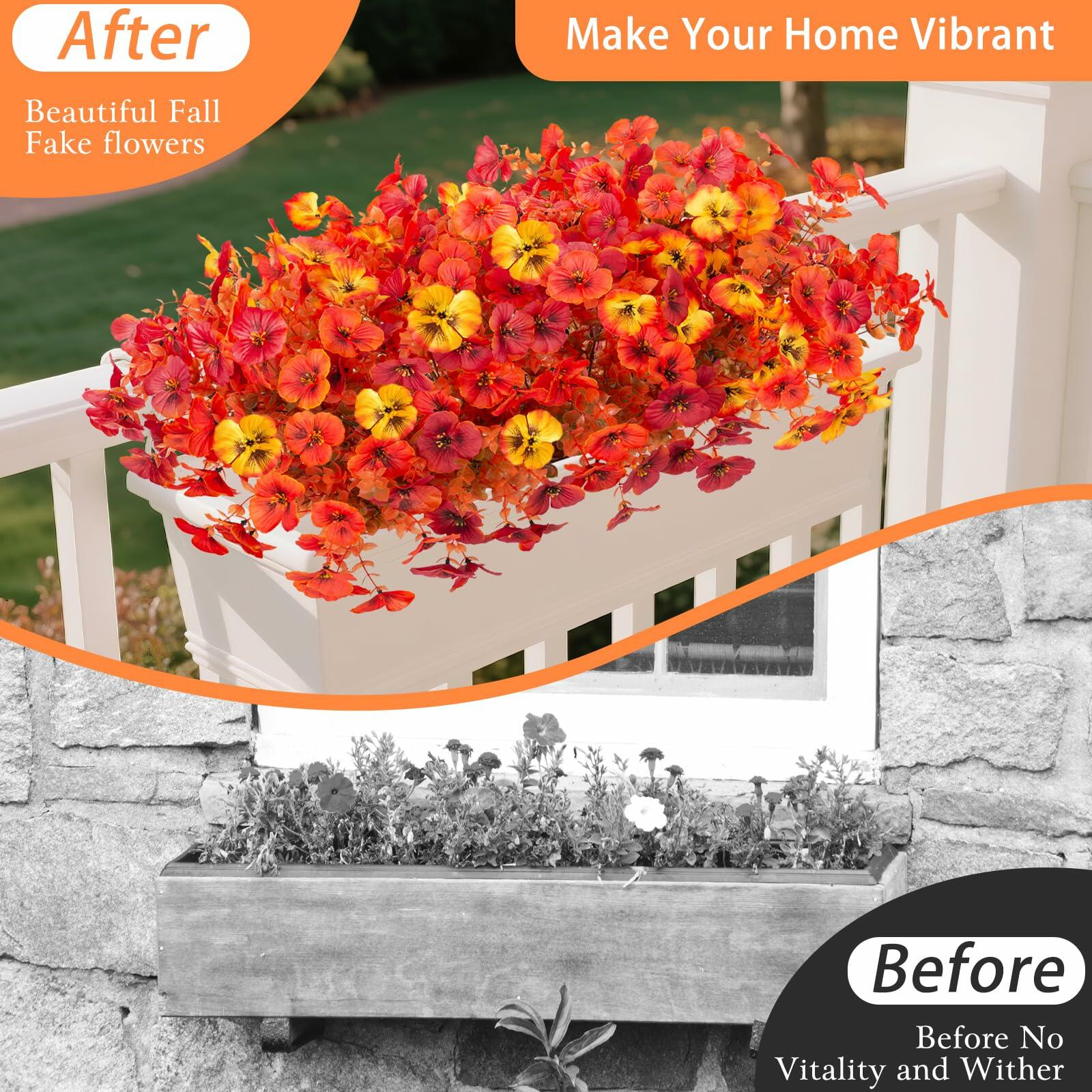 INQCMY Artificial Fall Flowers Faux Pansies Mums 12 Bundle 14" Red Orange Yellow
