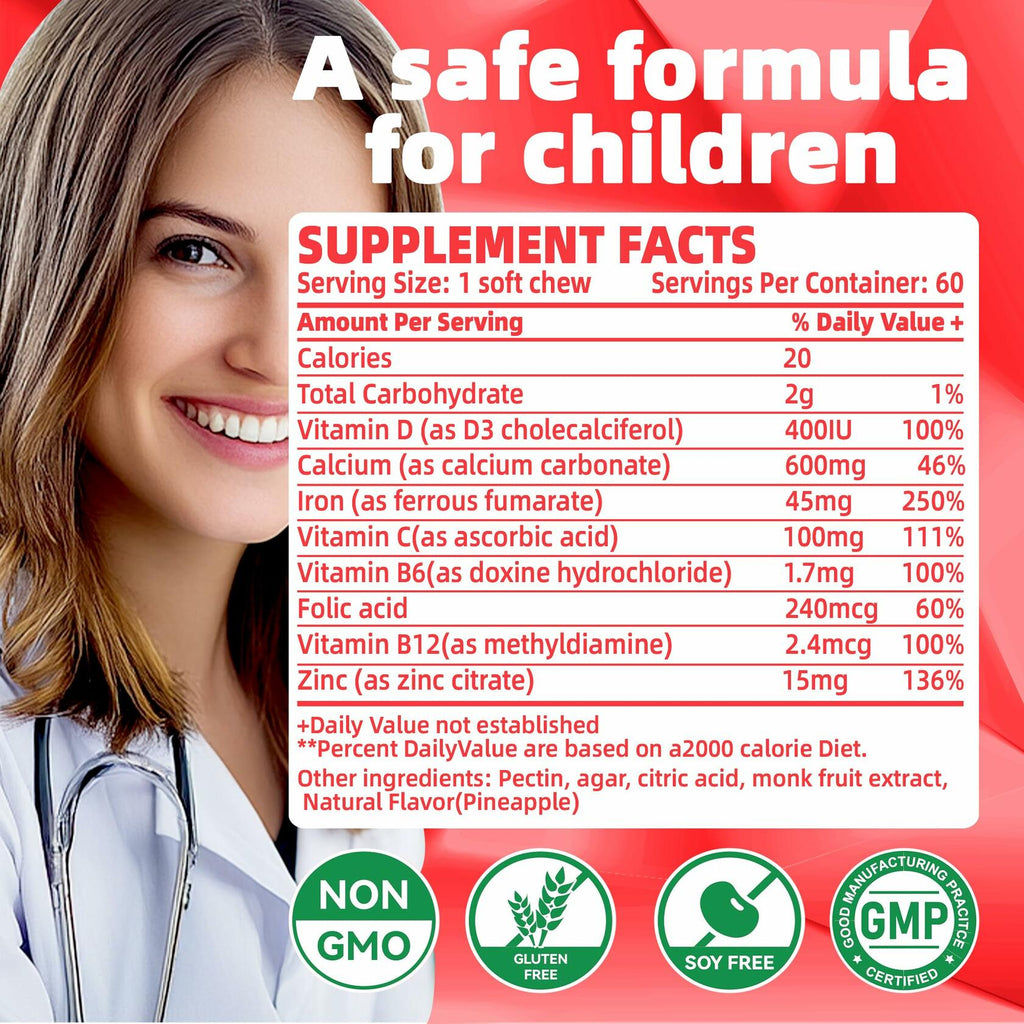 BestBy12/25 Natures Aid Chewable Iron Supplement Strawberry Flavor 2Month Supply