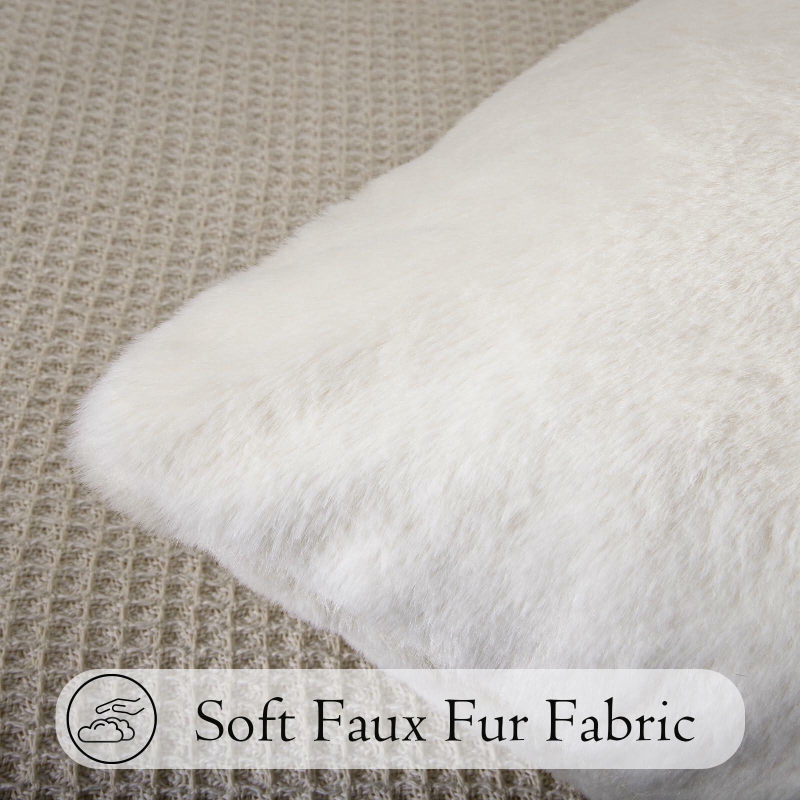 JoraLion Faux Fur Lumbar Pillow Cover 14x36 inch Cream Rabbit Plush 1 Cover