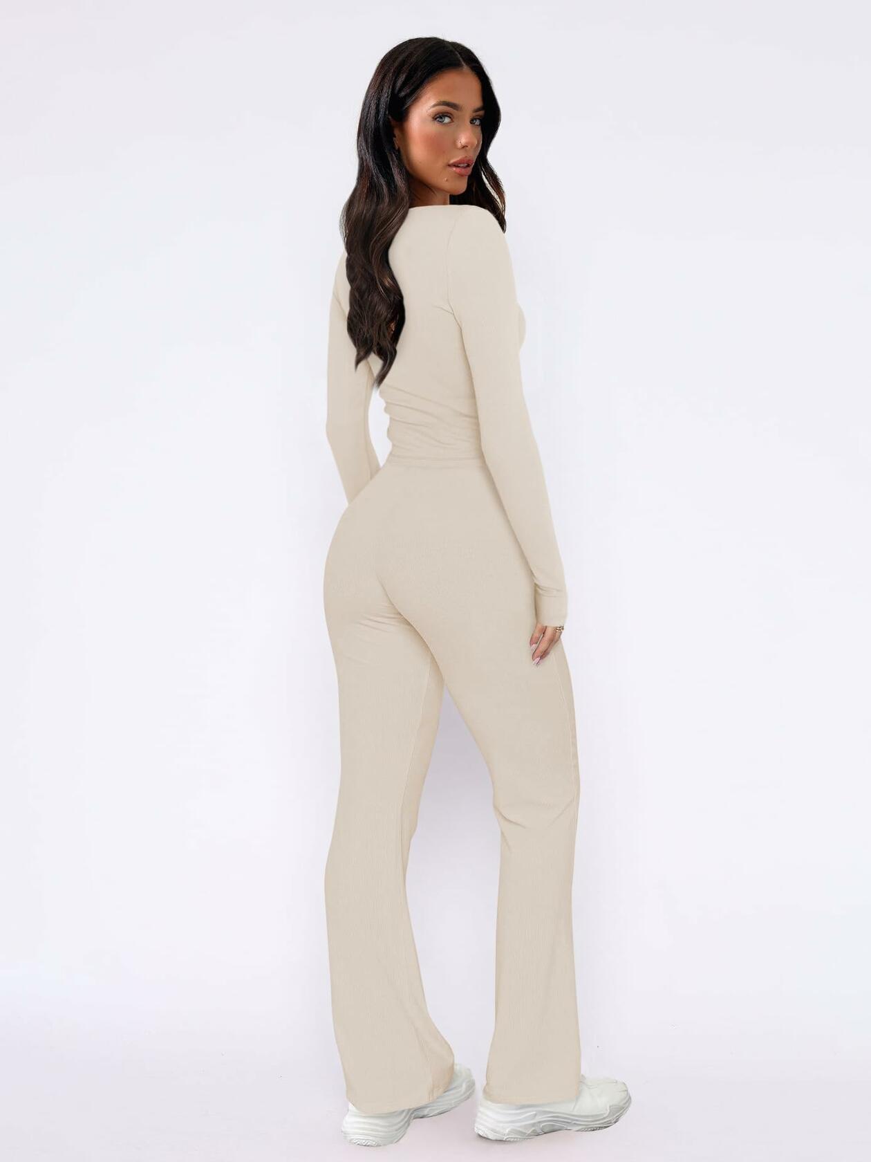 ECHOINE Women's Lounge Set LongSleeve Crop Top Straight Leg Pants Apricot Size L