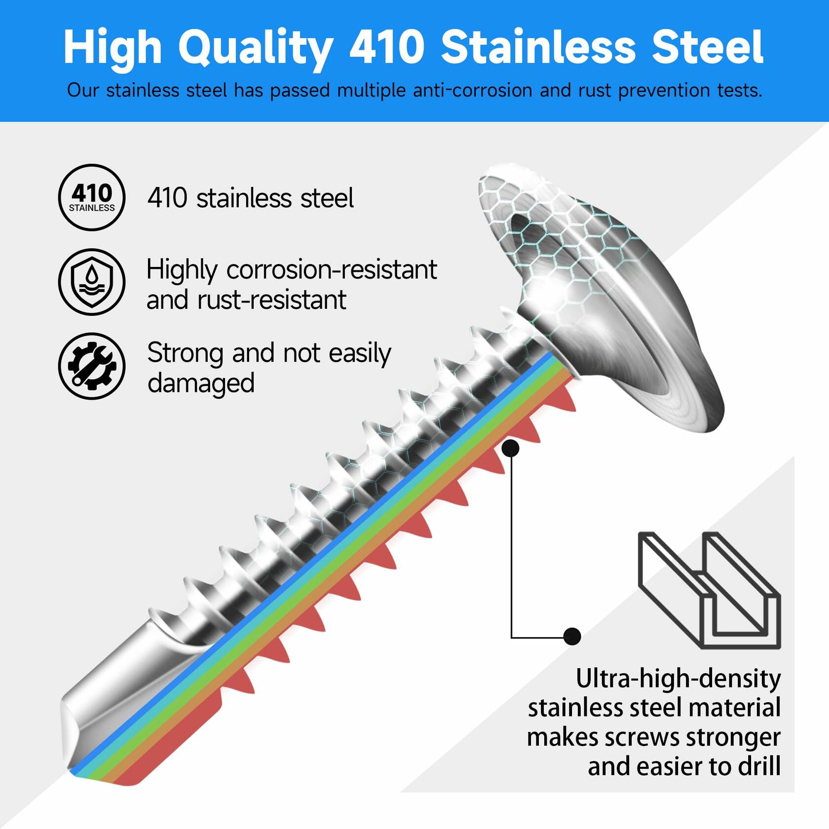 Marysino 100Pcs #8x1-1/2" 410 Stainless Steel Self Tapping Screws Metal