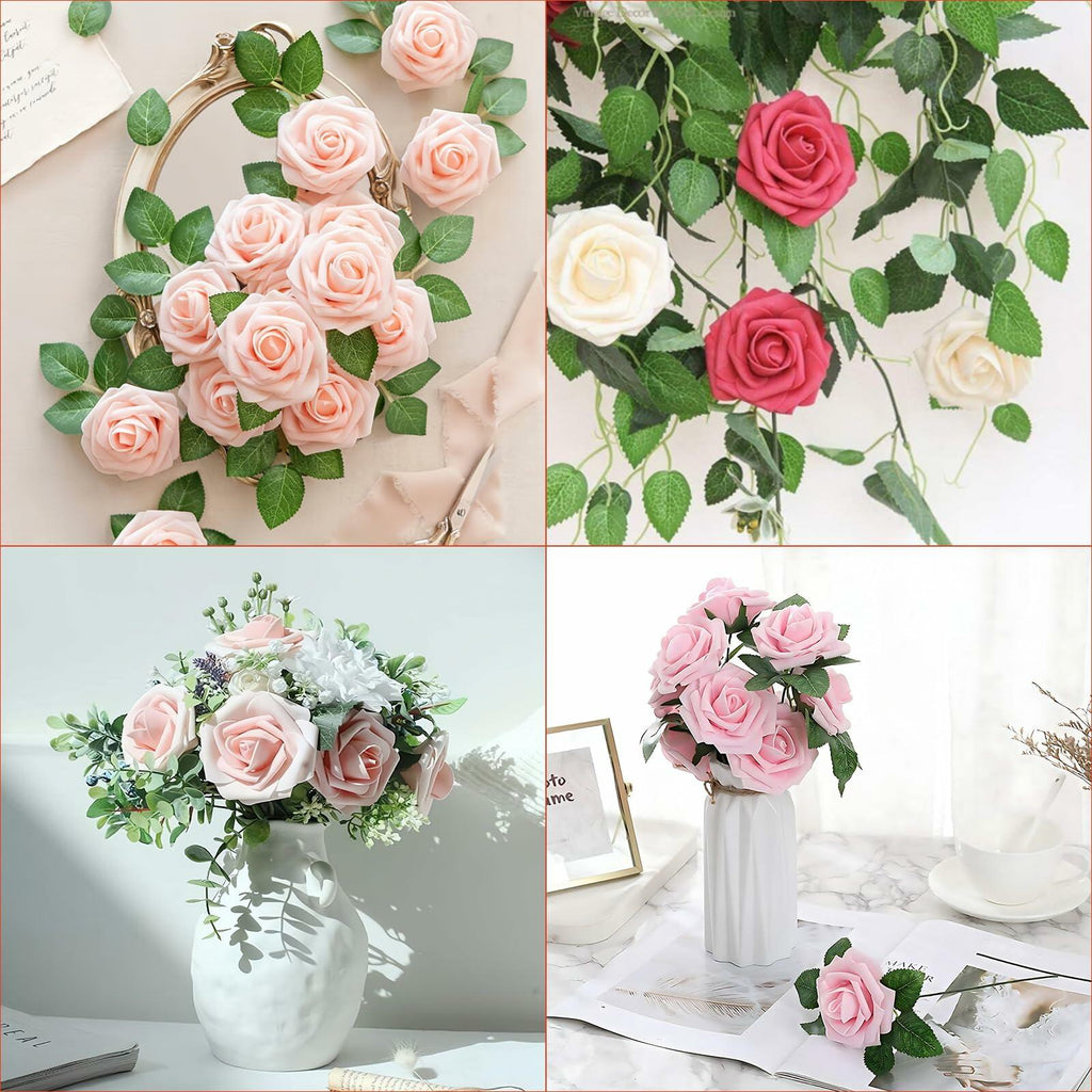 Yaqulen 60Pcs Artificial Foam Rose Flowers with Stems Red for Decorations