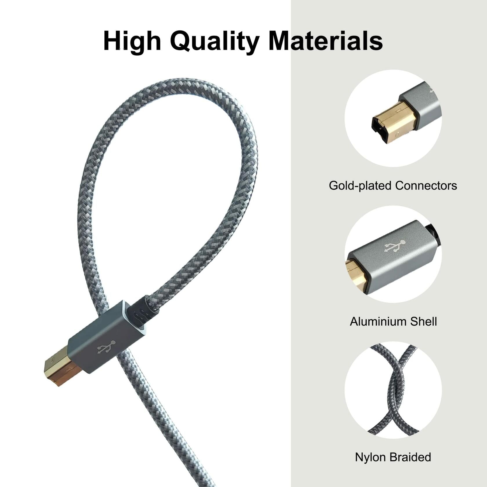 Delca 6ft Nylon Braided USB 2.0 Printer Cable Type A to B Gray