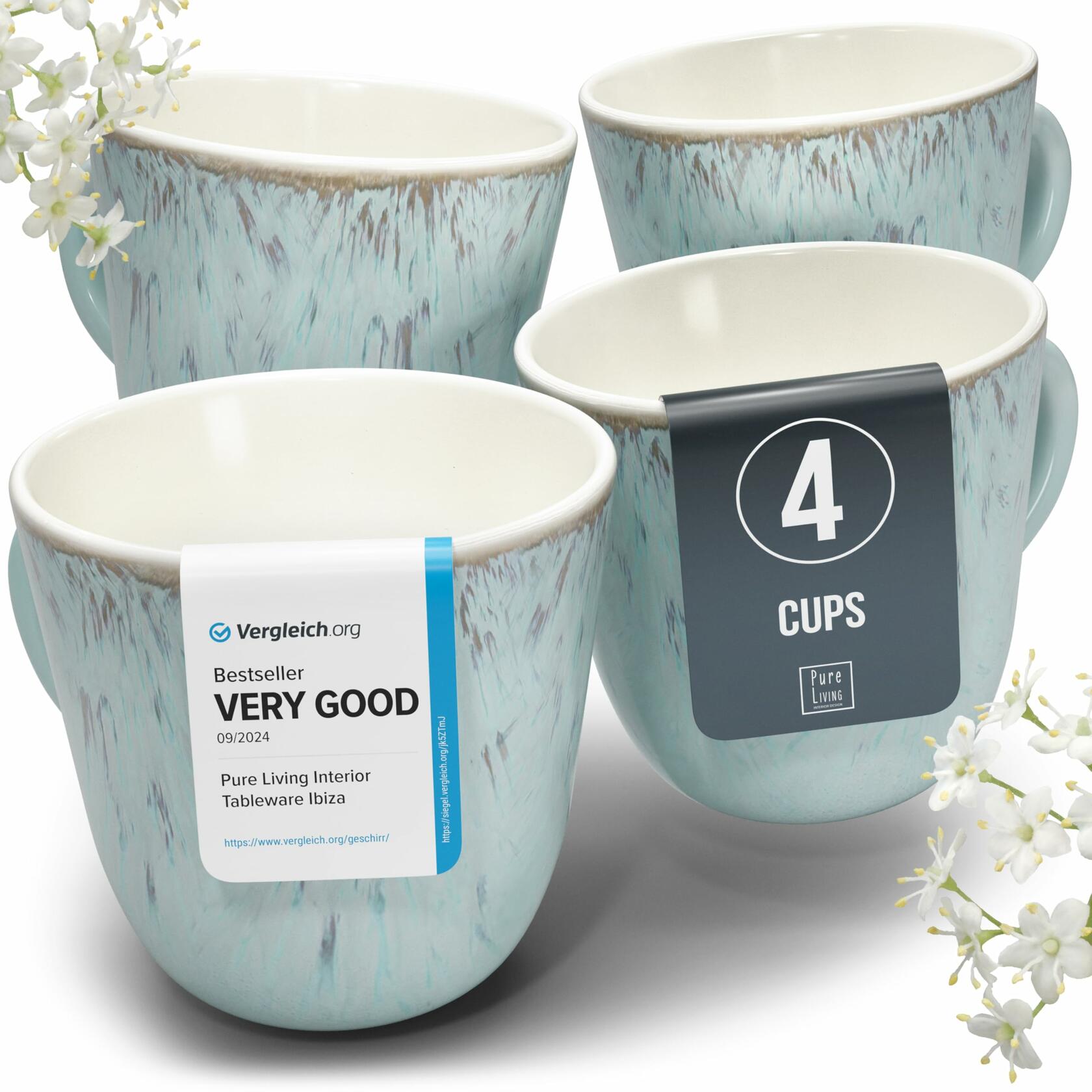 Stoneware Coffee Mug Set of 4 Modern Beige Blue Ceramic Cups 14.5oz