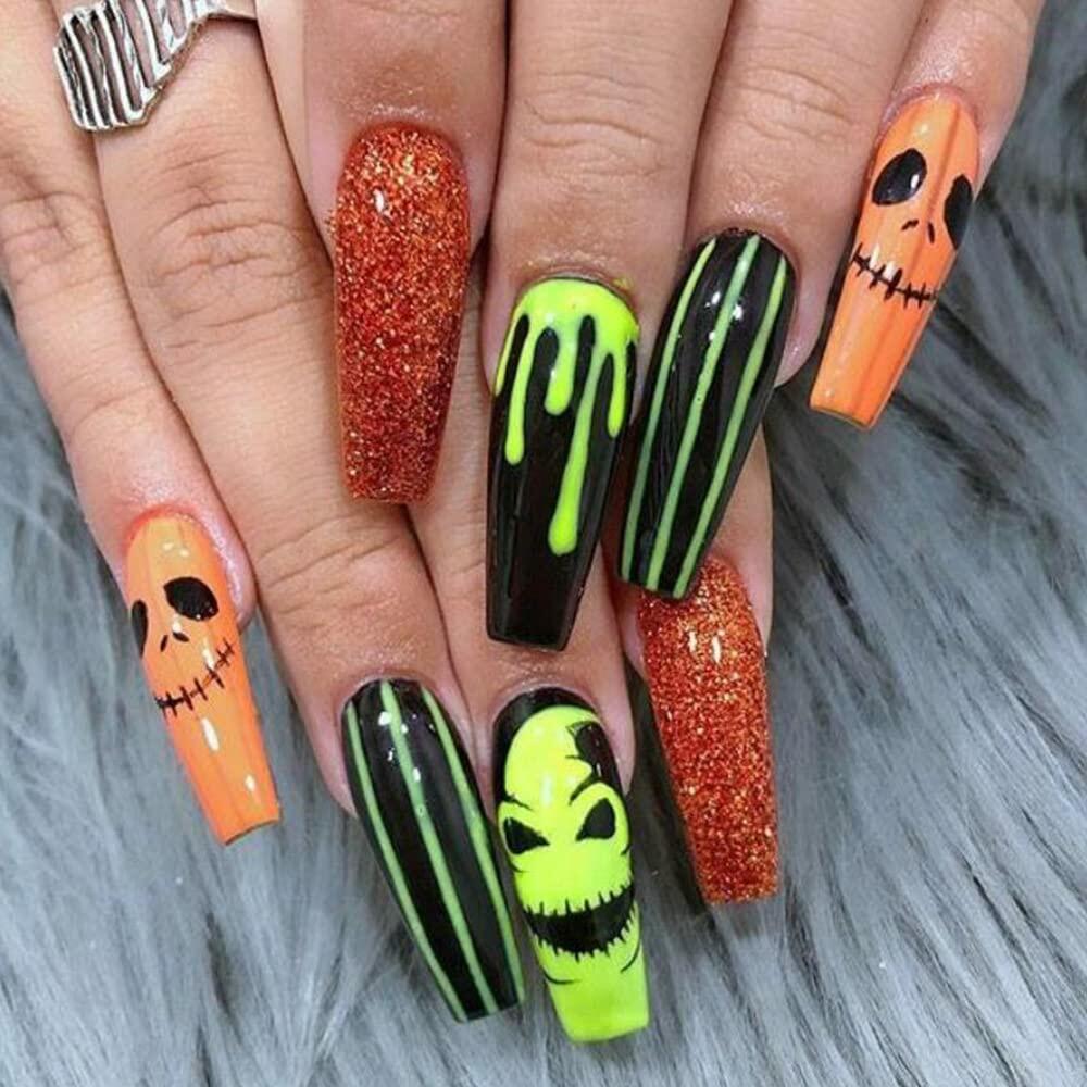 Pink Halloween Press On Nails Almond Matte Pumpkin Bat Design 24pcs