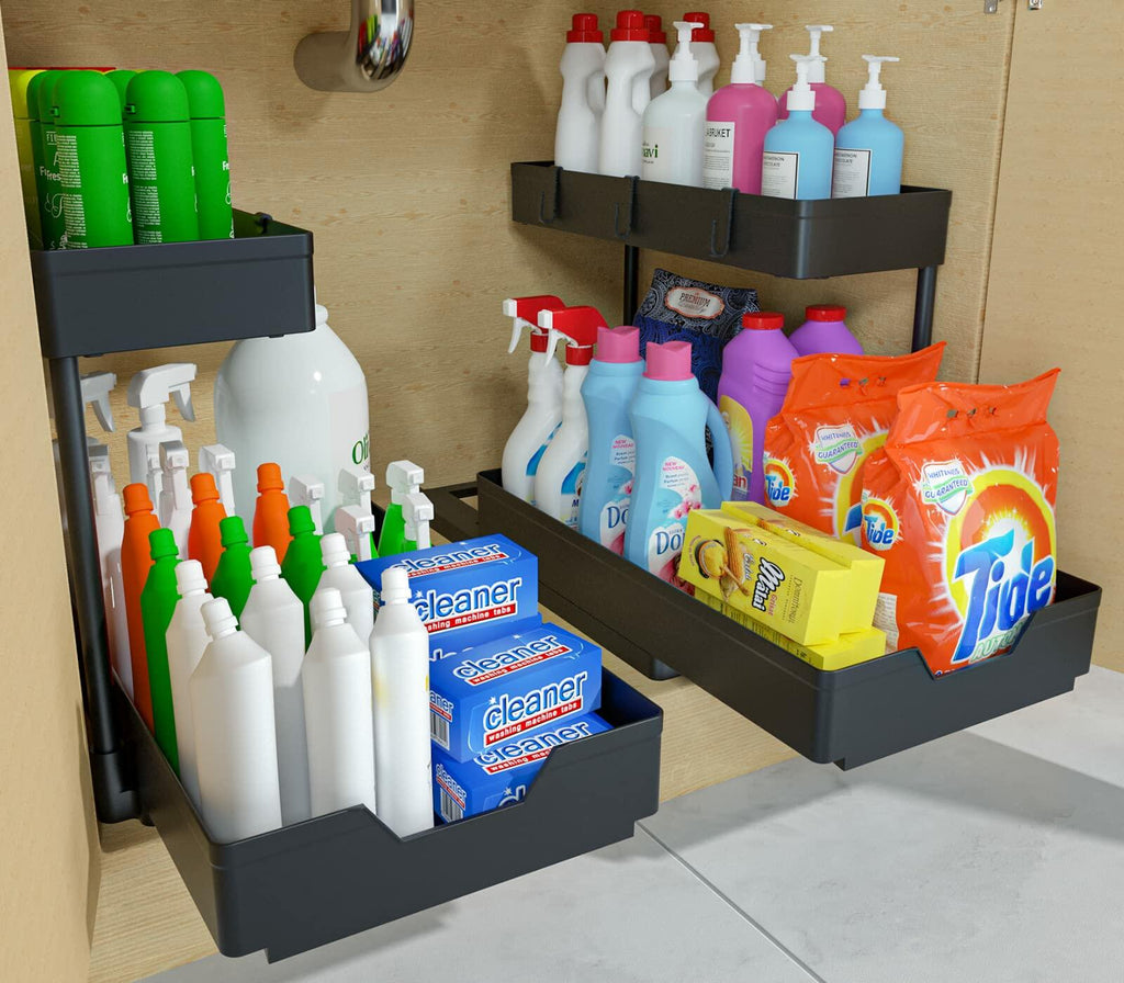 NATURE'S SOURCE 2 Pack 2 Tier Under Sink Organizer with 4 Hooks Black LIKE NEW