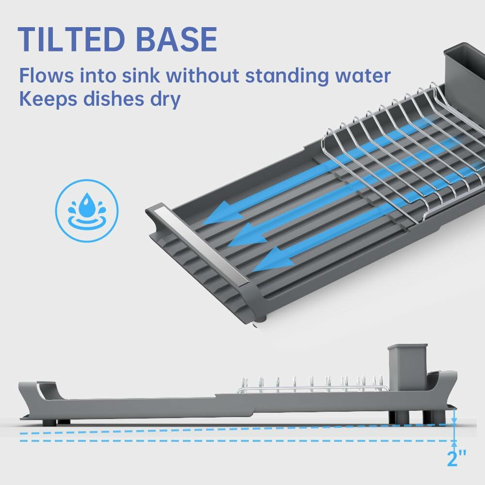 TOOCA BEAR Expandable Small Dish Drying Rack with Cutlery Holder Gray