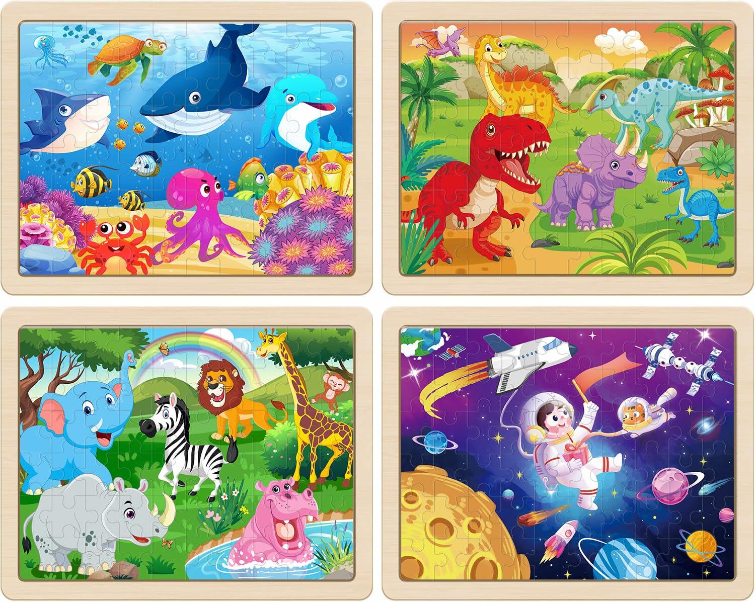 RANSUNN Wooden Animal Dinosaur Jigsaw Puzzles 60 PCs 4 Packs Multicolor