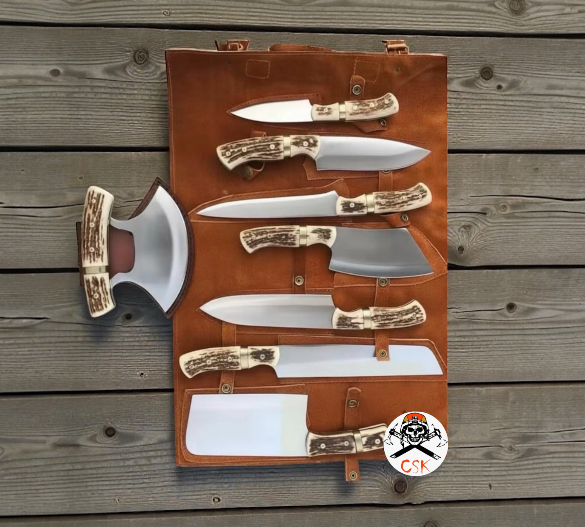 Outdoor Kitchen Knife Set|Antler Handles Chef & Hunting Knives with Leather Roll – Camping & BBQ - PhishStones Products