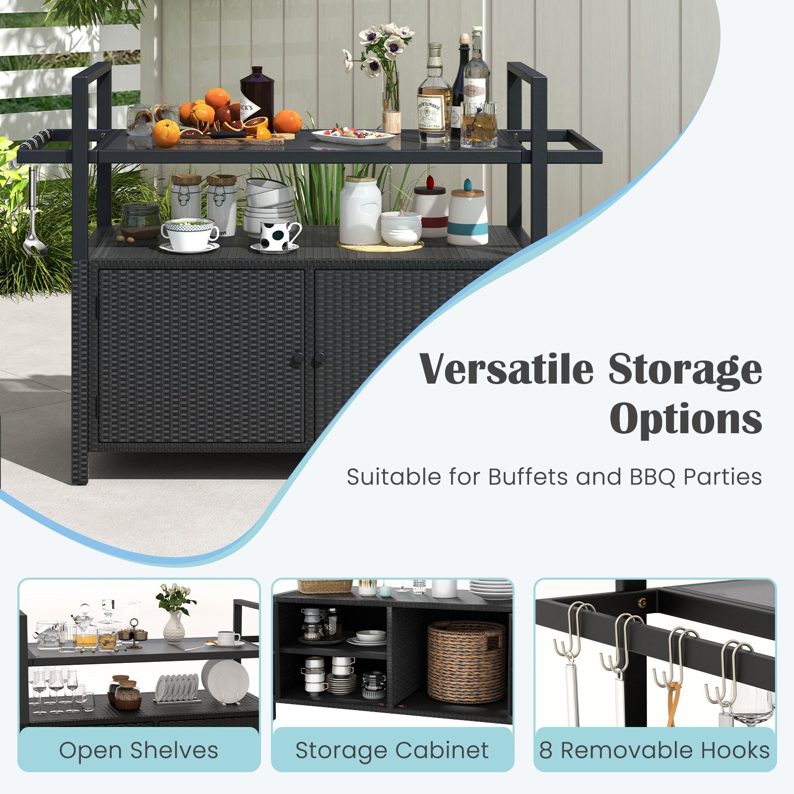 Outdoor Bar Cart Wicker Buffet Serving Cart with Cabinet and 8 Hooks