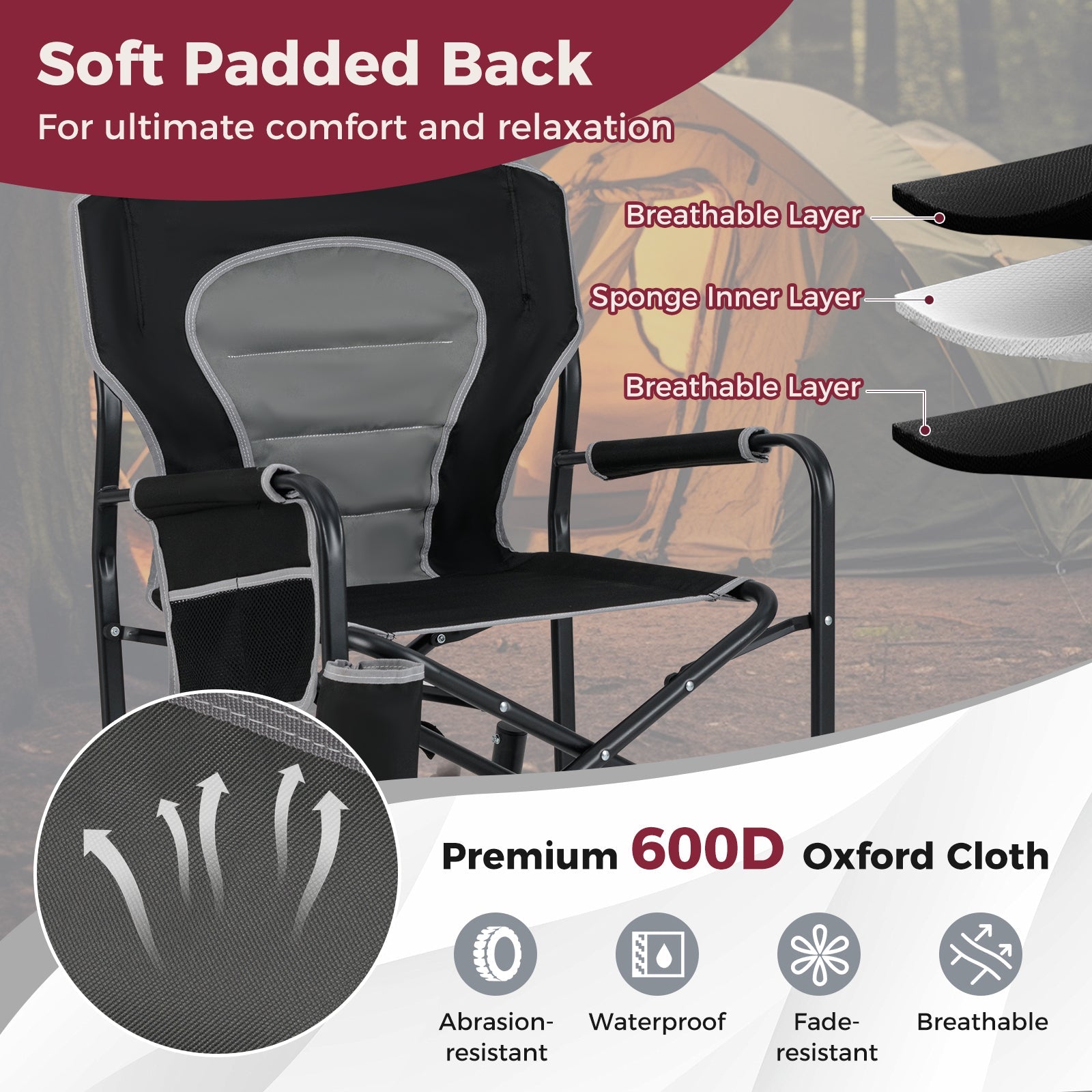 Outdoor Rocker Camping Chair with Dual Springs and Padded Back
