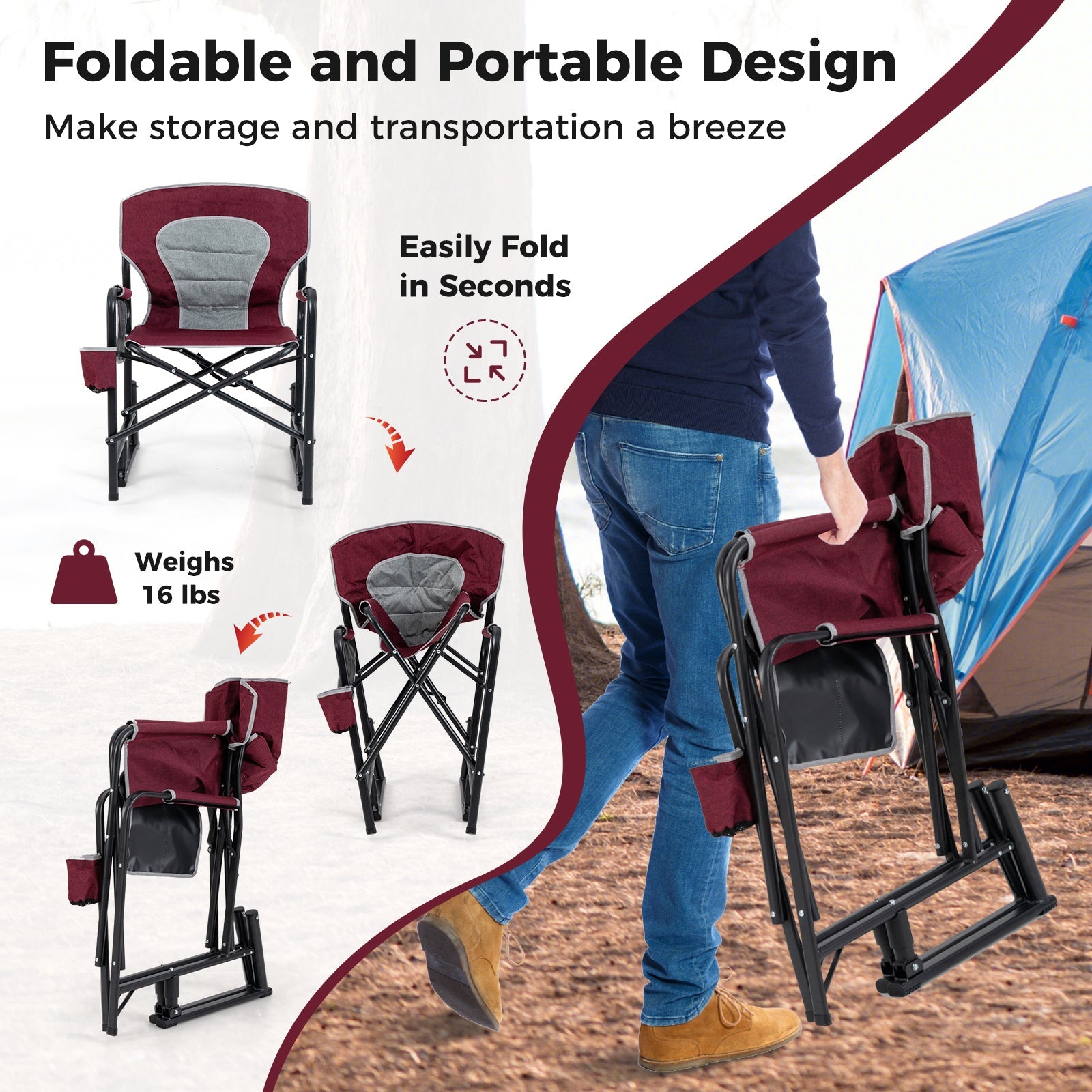 Outdoor Rocker Camping Chair with Dual Springs and Padded Back