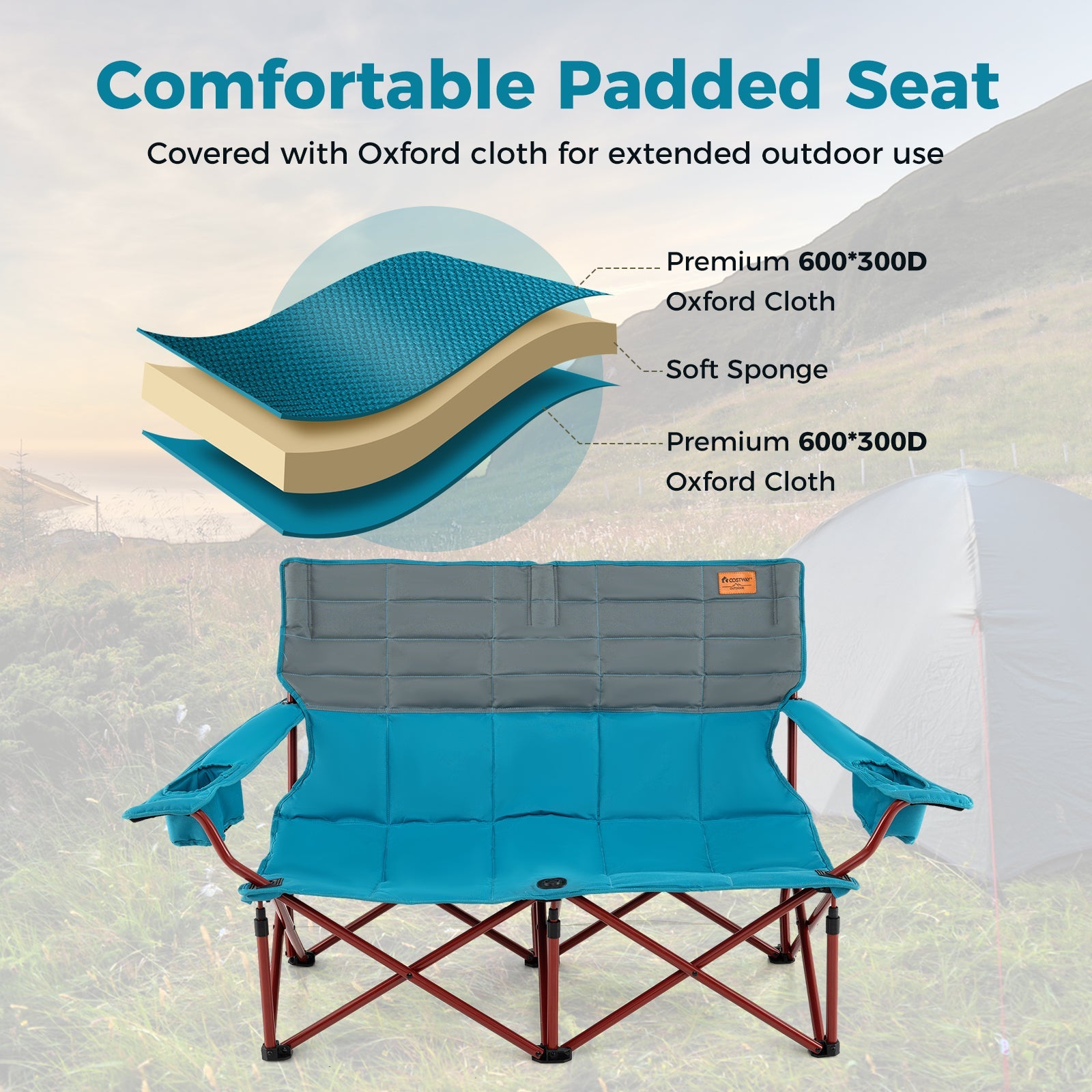 Oversized Camping Chair Folding Loveseat Camping Couch with Cup Holders & Thick Padding
