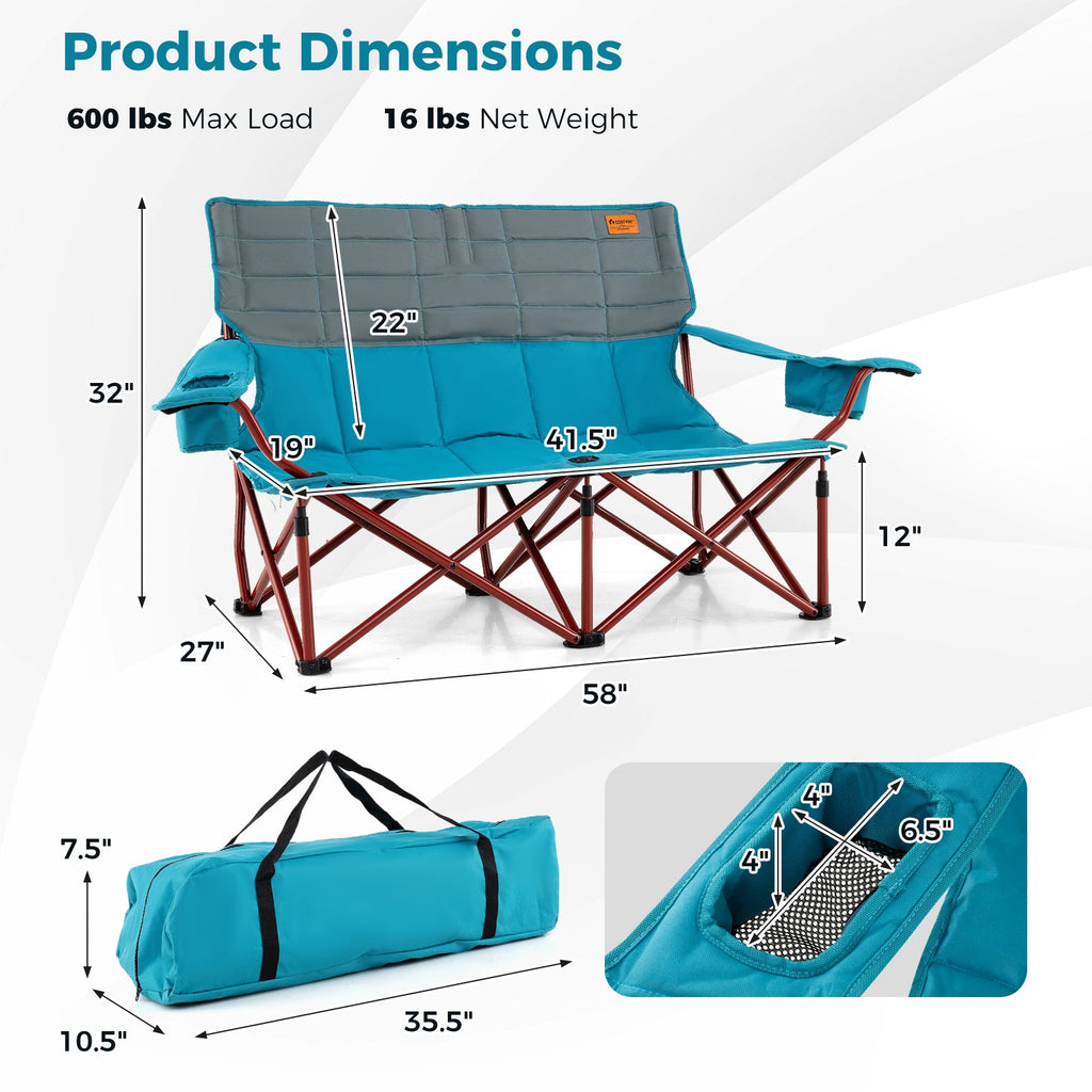 Oversized Camping Chair Folding Loveseat Camping Couch with Cup Holders & Thick Padding