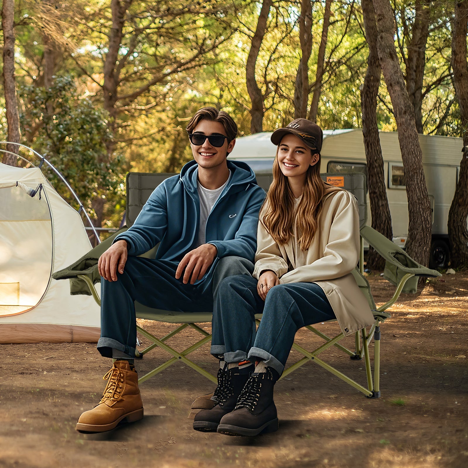 Oversized Camping Chair Folding Loveseat Camping Couch with Cup Holders & Thick Padding