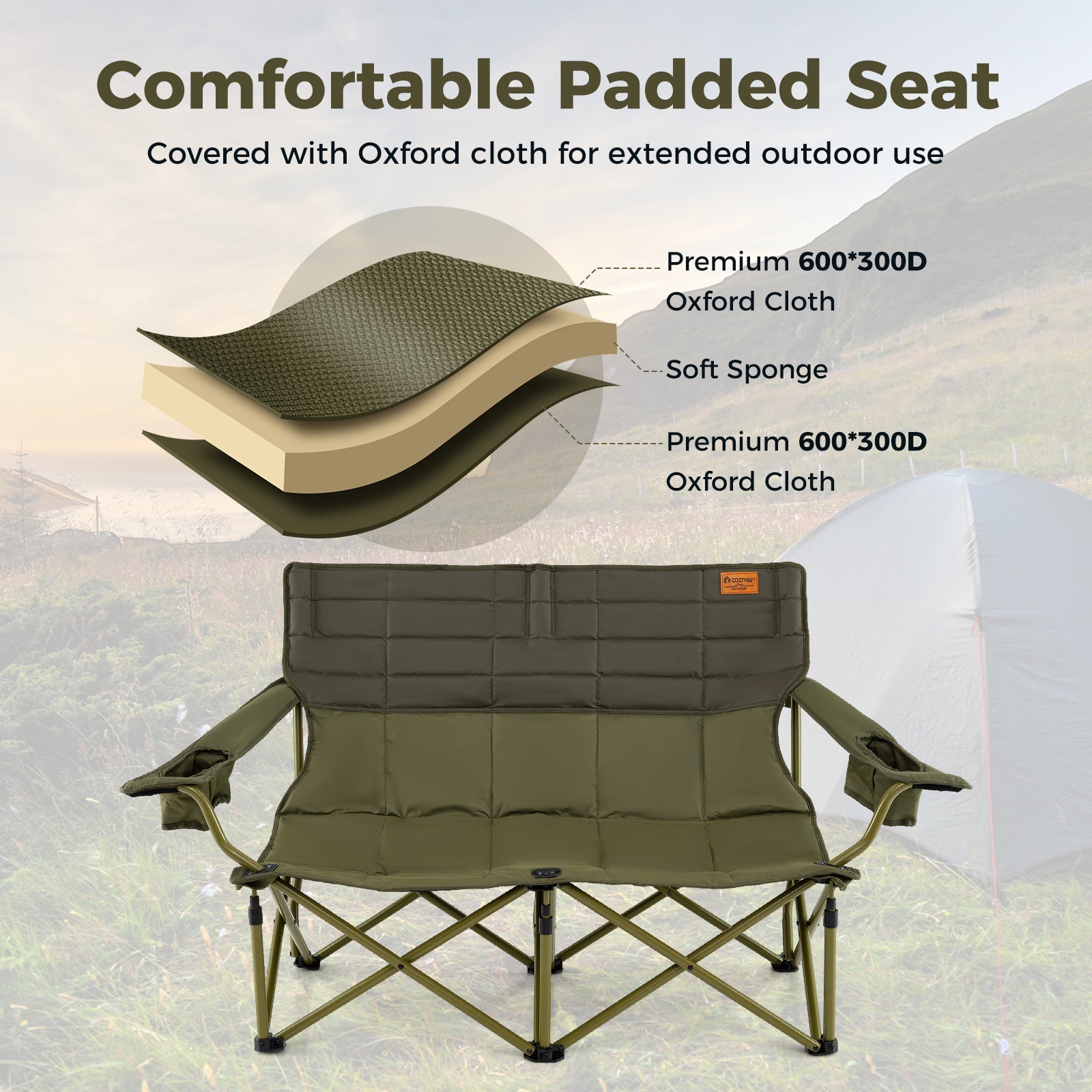 Oversized Camping Chair Folding Loveseat Camping Couch with Cup Holders & Thick Padding