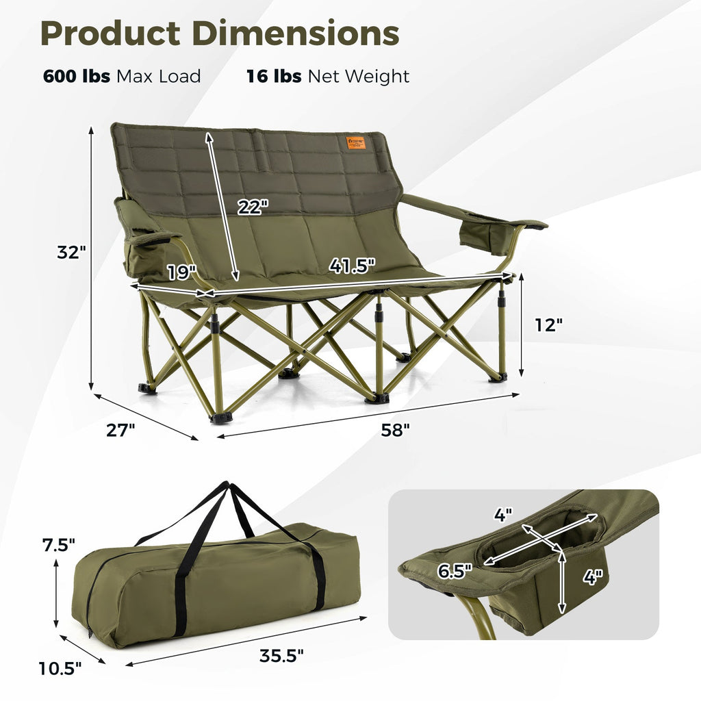 Oversized Camping Chair Folding Loveseat Camping Couch with Cup Holders & Thick Padding