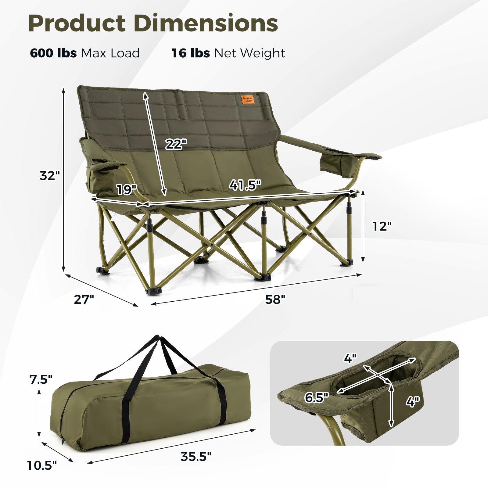 Oversized Camping Chair Folding Loveseat Camping Couch with Cup Holders & Thick Padding
