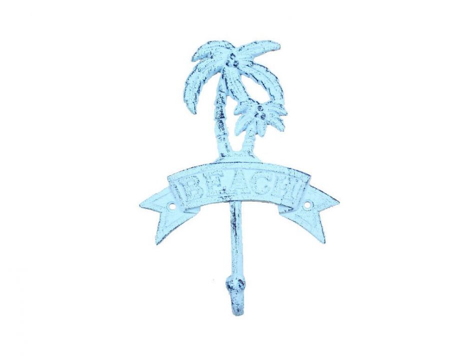 Rustic Dark Blue Whitewashed Cast Iron Palm Tree Beach Hook 8""