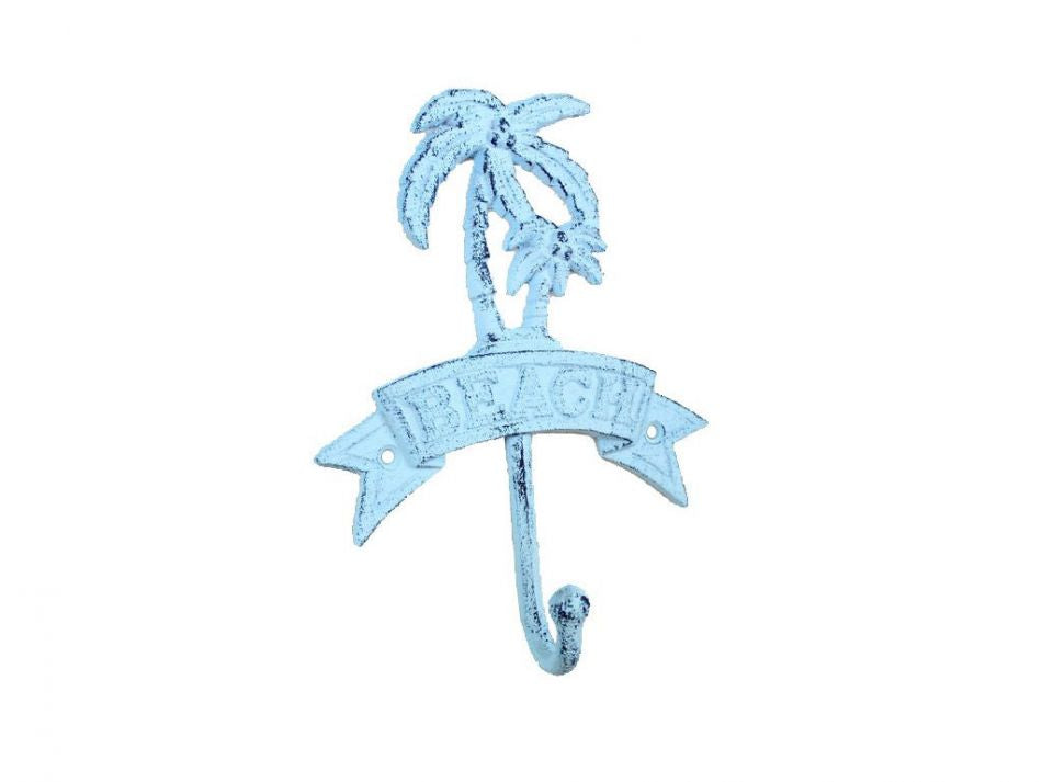 Rustic Dark Blue Whitewashed Cast Iron Palm Tree Beach Hook 8""