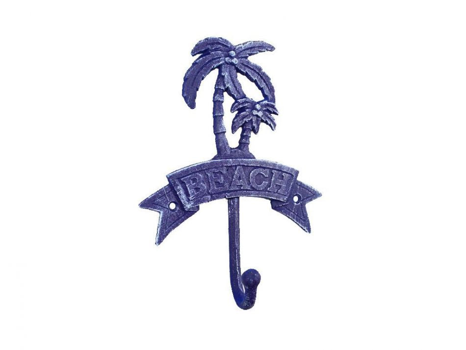 Rustic Dark Blue Cast Iron Palm Tree Beach Hook 8""