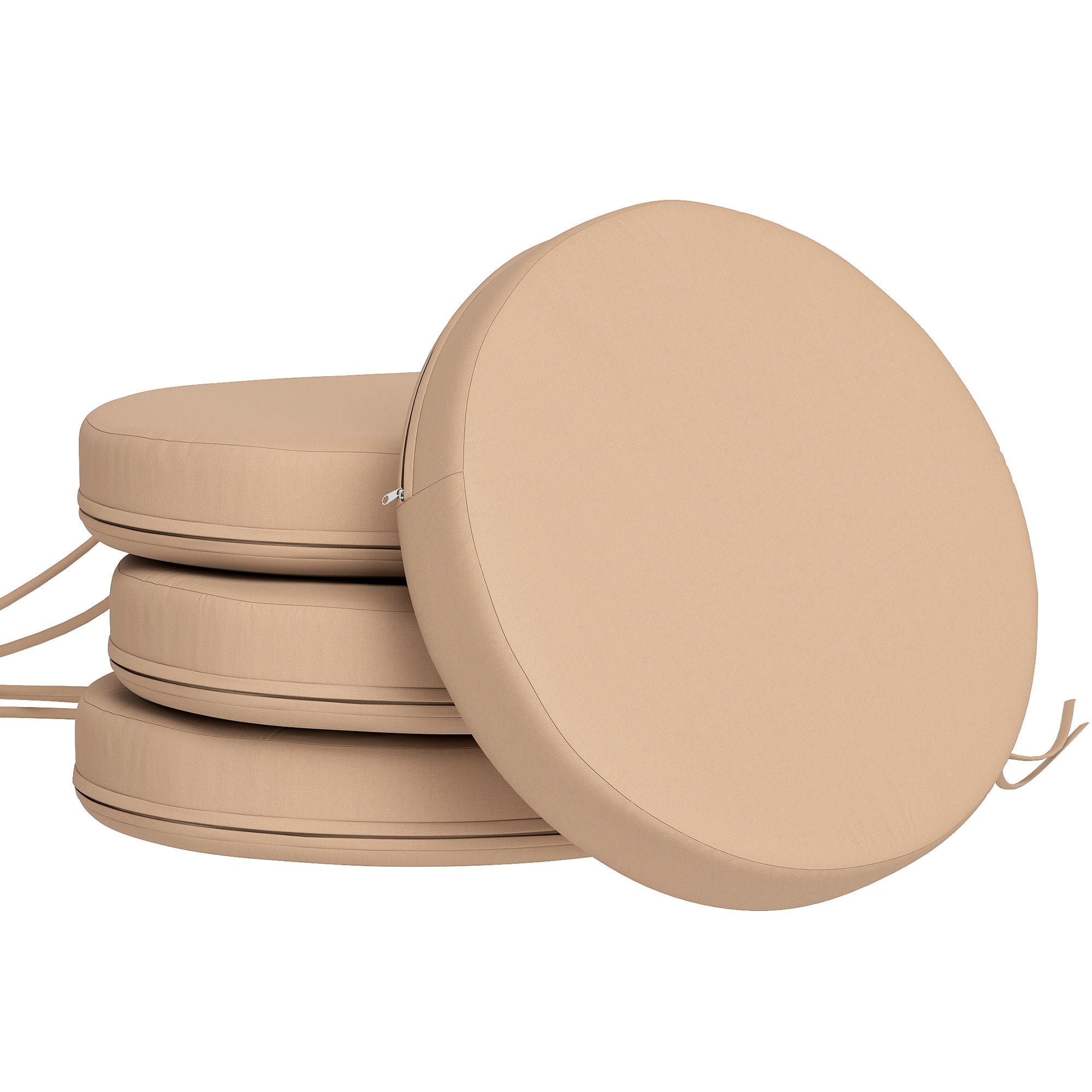 Patio Chair Cushions Set of 4 Round Seat Cushions for Dining Bistro Chairs Machine Washable, 15" x 15" x 3", Khaki - PhishStones Products