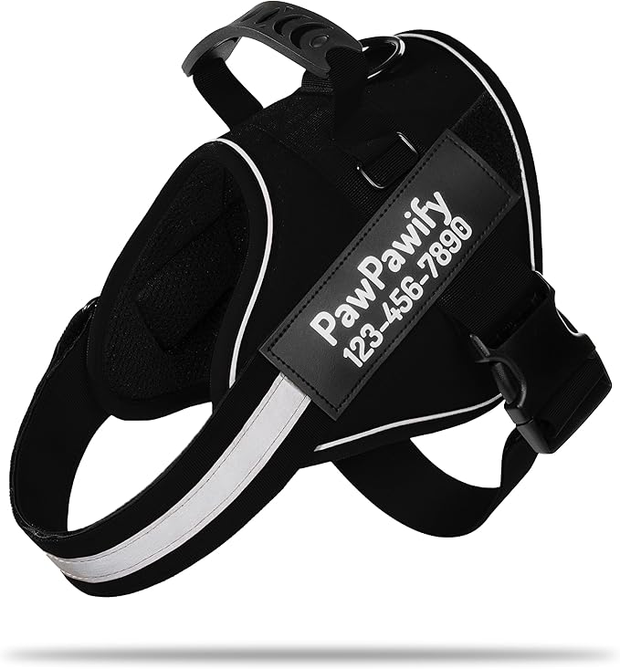 PawPawify Custom No Pull Dog Harness with Name and Phone Number, Heavy Duty Personalized Pet Vest to Prevent Tugging, Pulling, or Choking, Training and Walking (New Black, S (10 - 19LBS)) - PhishStones Products