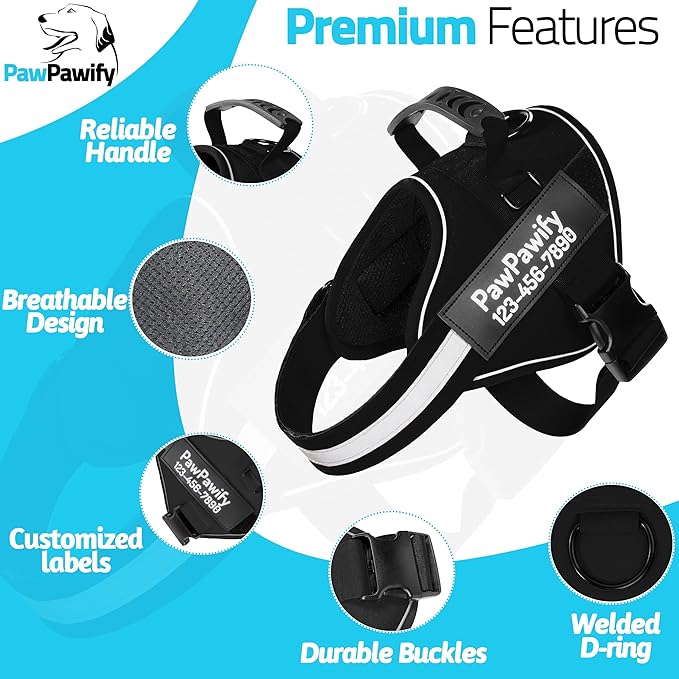 PawPawify Custom No Pull Dog Harness with Name and Phone Number, Heavy Duty Personalized Pet Vest to Prevent Tugging, Pulling, or Choking, Training and Walking (New Black, S (10 - 19LBS)) - PhishStones Products