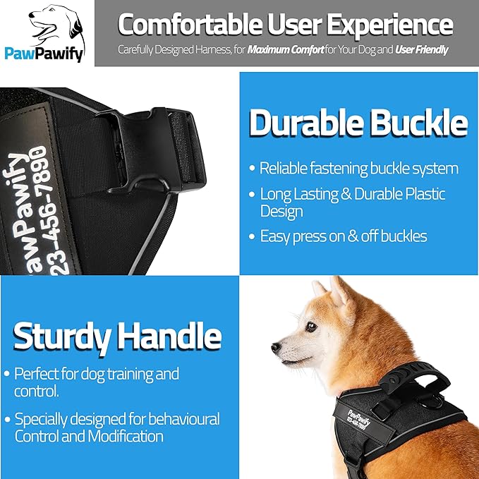 PawPawify Custom No Pull Dog Harness with Name and Phone Number, Heavy Duty Personalized Pet Vest to Prevent Tugging, Pulling, or Choking, Training and Walking (New Black, S (10 - 19LBS)) - PhishStones Products