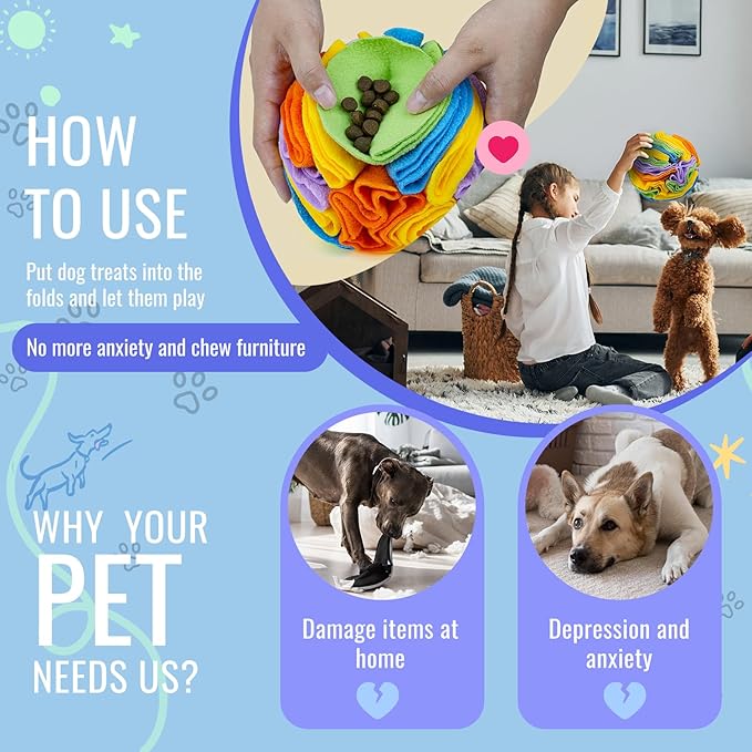 Pet Snuffle Ball, Puzzle Sniffing Interactive Dog Ball for Blind Dogs Training Stress Relief Dog Enrichment Toys Treat Machine Washable (15cm, Sweet Purple) - PhishStones Products