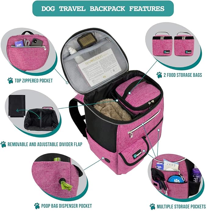 PetAmi Dog Travel Bag Backpack, Airline Approved Dog Bags for Traveling, Puppy Diaper Bag Supplies, Pet Camping Essentials Hiking Accessories Dog Mom Gift, Food Container, Collapsible Bowls, Pink - PhishStones Products