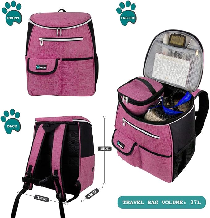 PetAmi Dog Travel Bag Backpack, Airline Approved Dog Bags for Traveling, Puppy Diaper Bag Supplies, Pet Camping Essentials Hiking Accessories Dog Mom Gift, Food Container, Collapsible Bowls, Pink - PhishStones Products