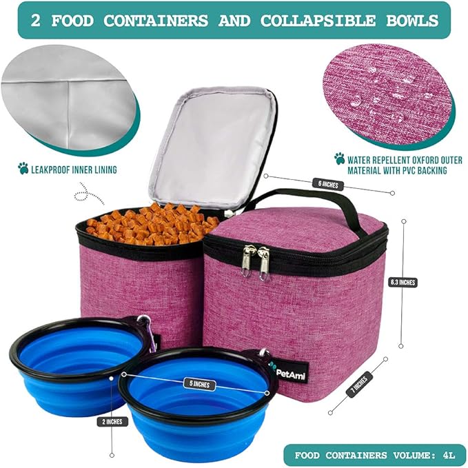 PetAmi Dog Travel Bag Backpack, Airline Approved Dog Bags for Traveling, Puppy Diaper Bag Supplies, Pet Camping Essentials Hiking Accessories Dog Mom Gift, Food Container, Collapsible Bowls, Pink - PhishStones Products