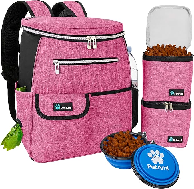 PetAmi Dog Travel Bag Backpack, Airline Approved Dog Bags for Traveling, Puppy Diaper Bag Supplies, Pet Camping Essentials Hiking Accessories Dog Mom Gift, Food Container, Collapsible Bowls, Pink - PhishStones Products