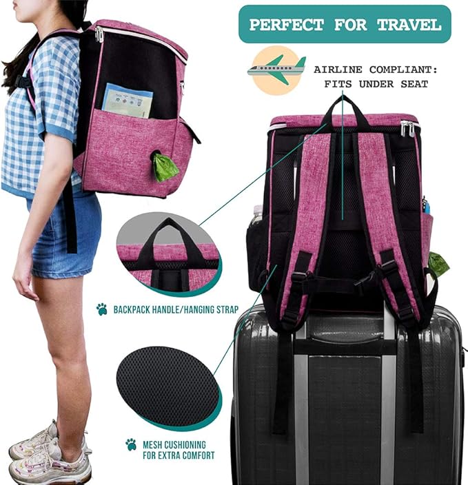 PetAmi Dog Travel Bag Backpack, Airline Approved Dog Bags for Traveling, Puppy Diaper Bag Supplies, Pet Camping Essentials Hiking Accessories Dog Mom Gift, Food Container, Collapsible Bowls, Pink - PhishStones Products