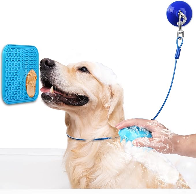 Petbobi Dog Bathing Tether with Heavy Suction Cup Lick Mat, Pet Grooming Tub Restraint Leash with Dog Scrubber for Bath, Adjustable Cat Fixed Safety Rope for Shower, Blowing, Trimming, Brushing Pet - PhishStones Products