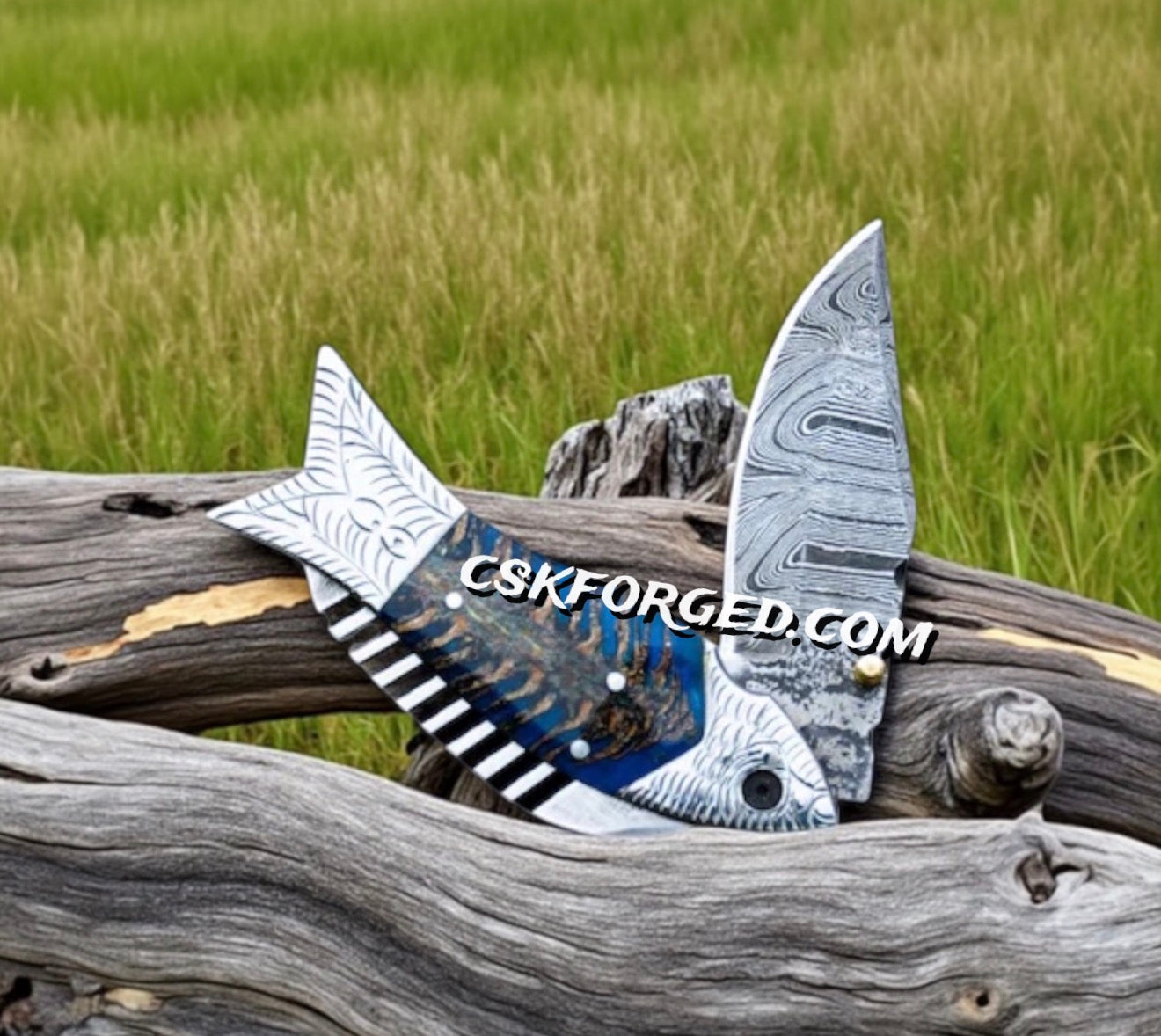 Pinecone Handle Fish Folding Pocket Knife 7" Damascus Steel Pocket Knife - PhishStones Products