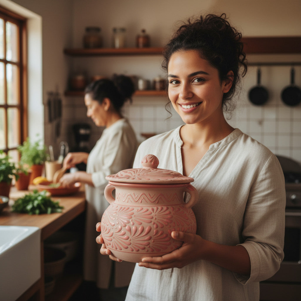 Pink Talavera Clay Bean Pot with Lid | Mexican Folk Art