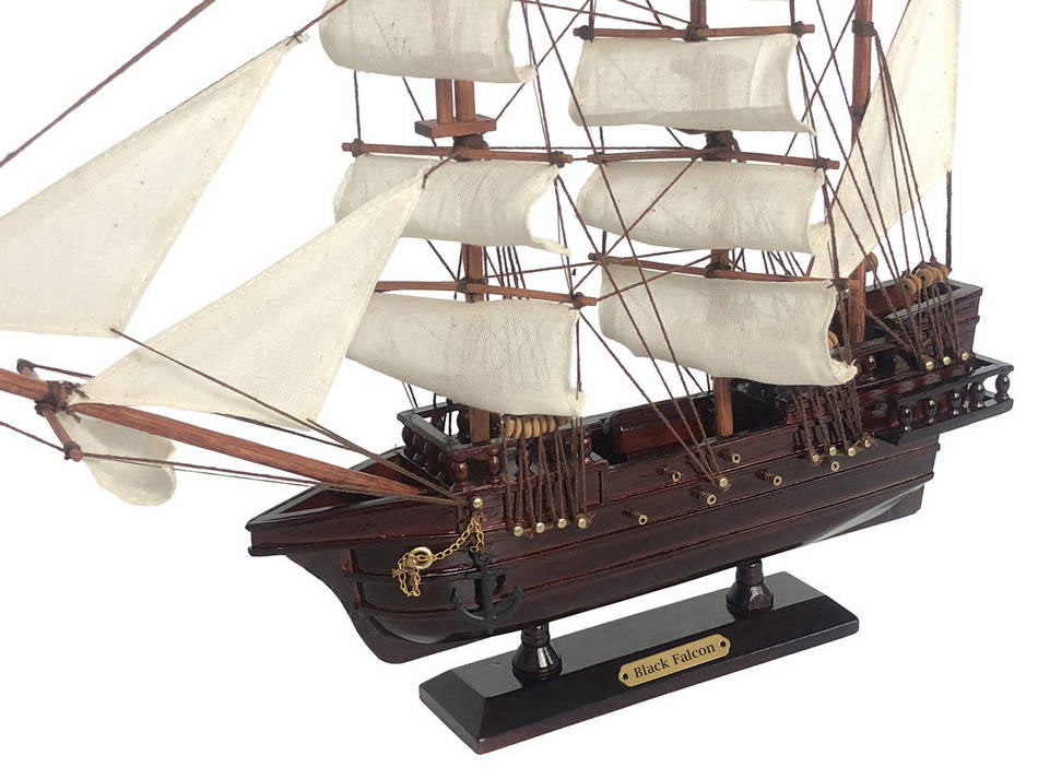 Wooden Captain Kidd's Black Falcon White Sails Pirate Ship Model 15""
