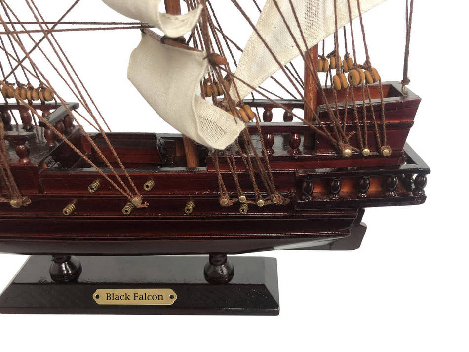 Wooden Captain Kidd's Black Falcon White Sails Pirate Ship Model 15""