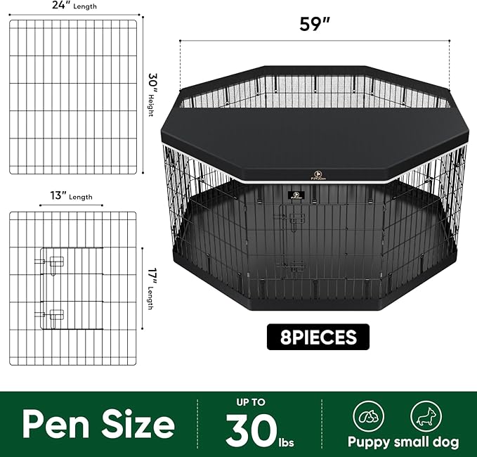 PJYuCien Dog Playpen, 8 Panels 30’’H Dog Pens Indoor with Bottom Pad and Top Cover, Metal Foldable Pet Puppy Exercise Fence Crate Kennel, Better for Small Animals,Black - PhishStones Products