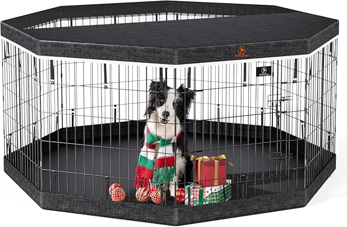 PJYuCien Dog Playpen, 8 Panels 30’’H Dog Pens Indoor with Bottom Pad and Top Cover, Metal Foldable Pet Puppy Exercise Fence Crate Kennel, Better for Small Animals,Black - PhishStones Products