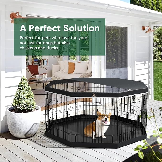 PJYuCien Dog Playpen, 8 Panels 30’’H Dog Pens Indoor with Bottom Pad and Top Cover, Metal Foldable Pet Puppy Exercise Fence Crate Kennel, Better for Small Animals,Black - PhishStones Products