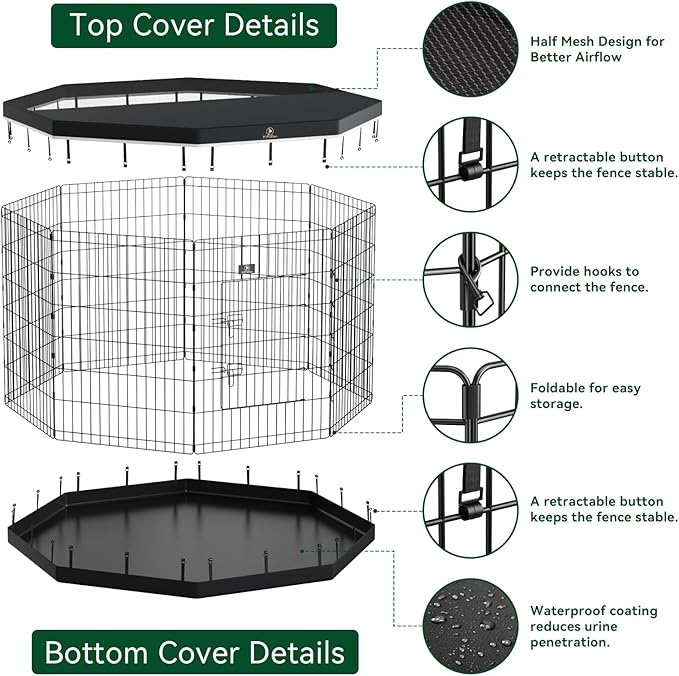 PJYuCien Dog Playpen, 8 Panels 30’’H Dog Pens Indoor with Bottom Pad and Top Cover, Metal Foldable Pet Puppy Exercise Fence Crate Kennel, Better for Small Animals,Black - PhishStones Products