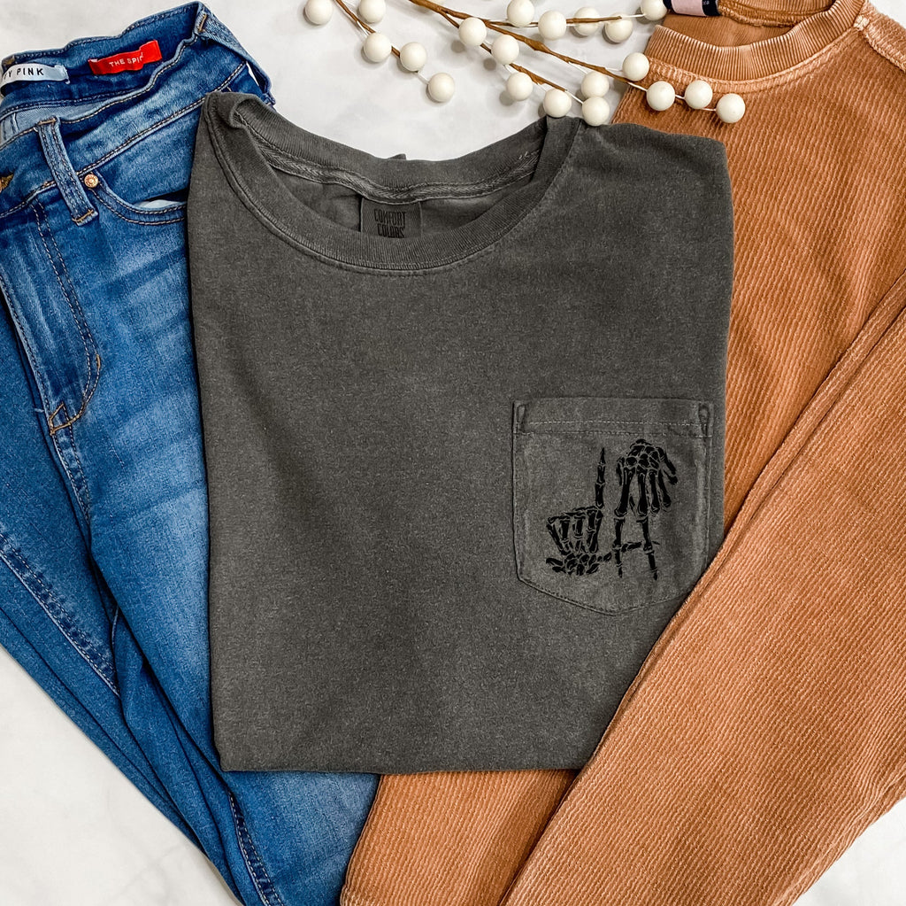 Skeleton Halloween Pocket Classic Skeleton Graphic Haunted Night Illustration Comfort Colors Tee